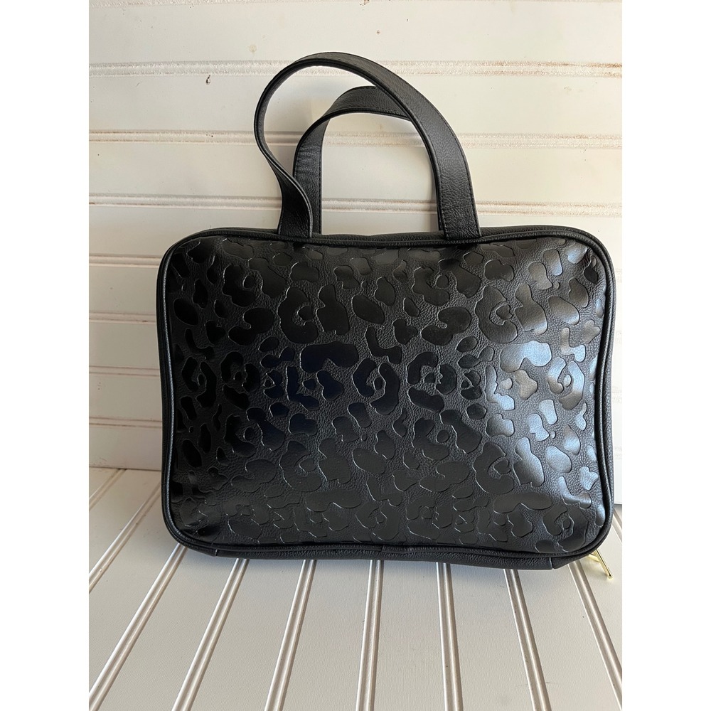 Betsey Johnson Black Leopard Pink Bow Cosmetic Travel Bag Makeup Organizer - Picture 3 of 8